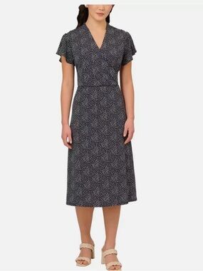 Adrianna Papell Navy Blue and White Dot Midi Faux-Wrap Dress Sz M